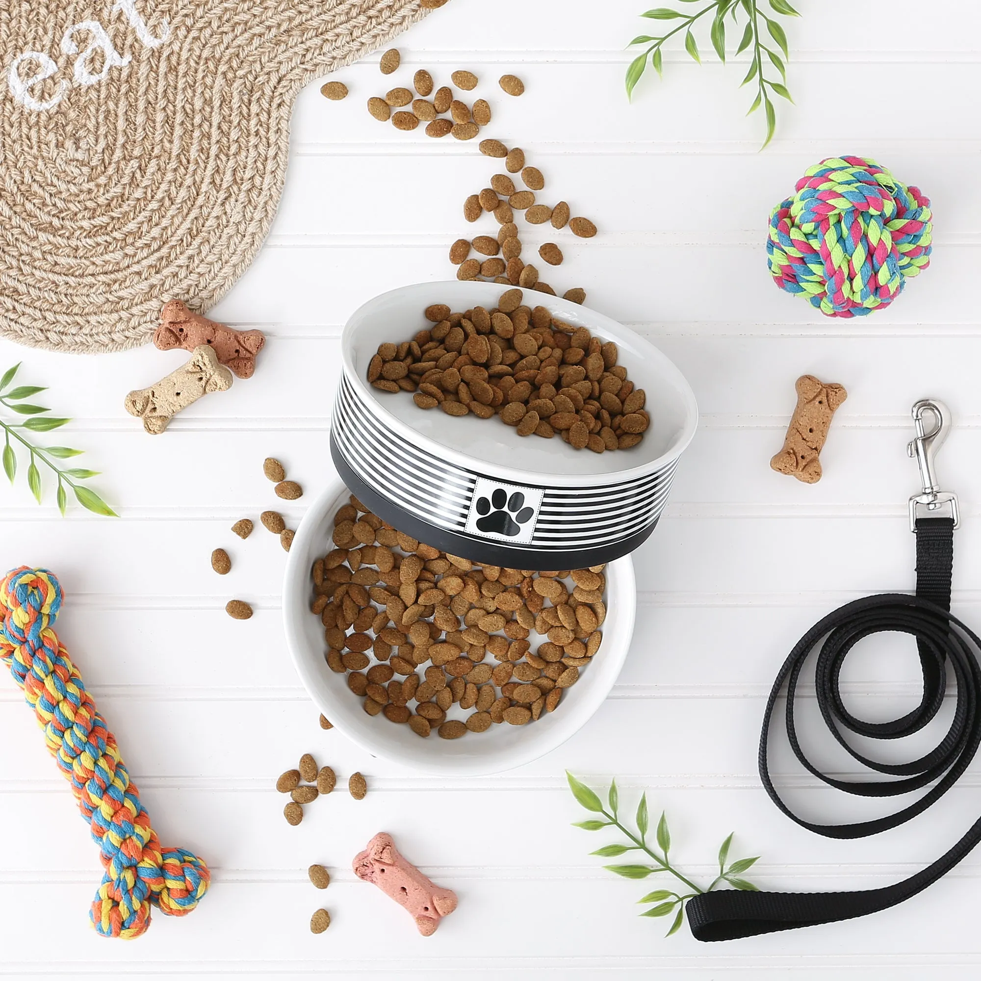 Black Striped Paw Patch Pet Bowl Set of 2, Large 3.75 C. Capacity
