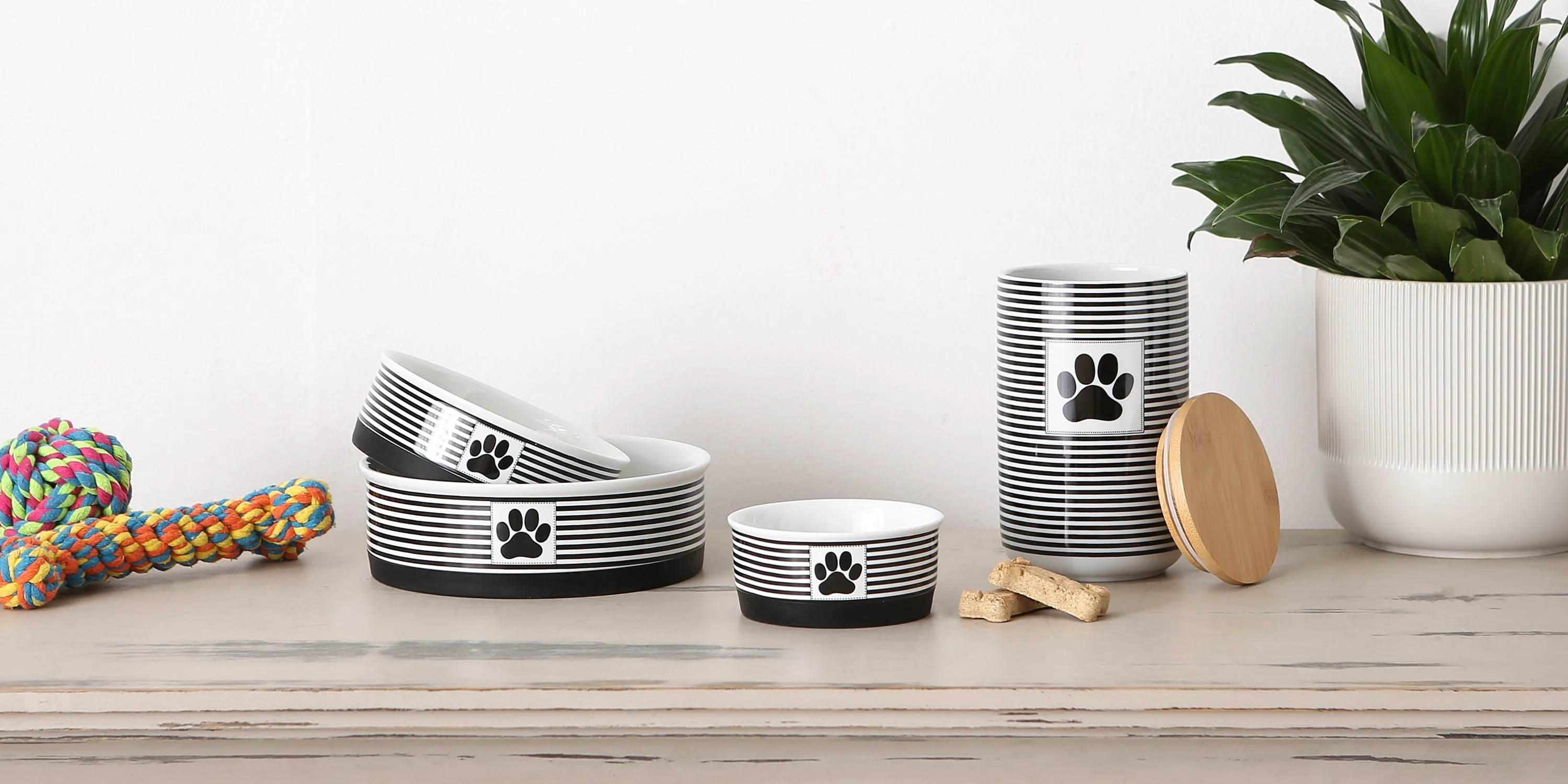 Black Striped Paw Patch Pet Bowl Set of 2, Large 3.75 C. Capacity