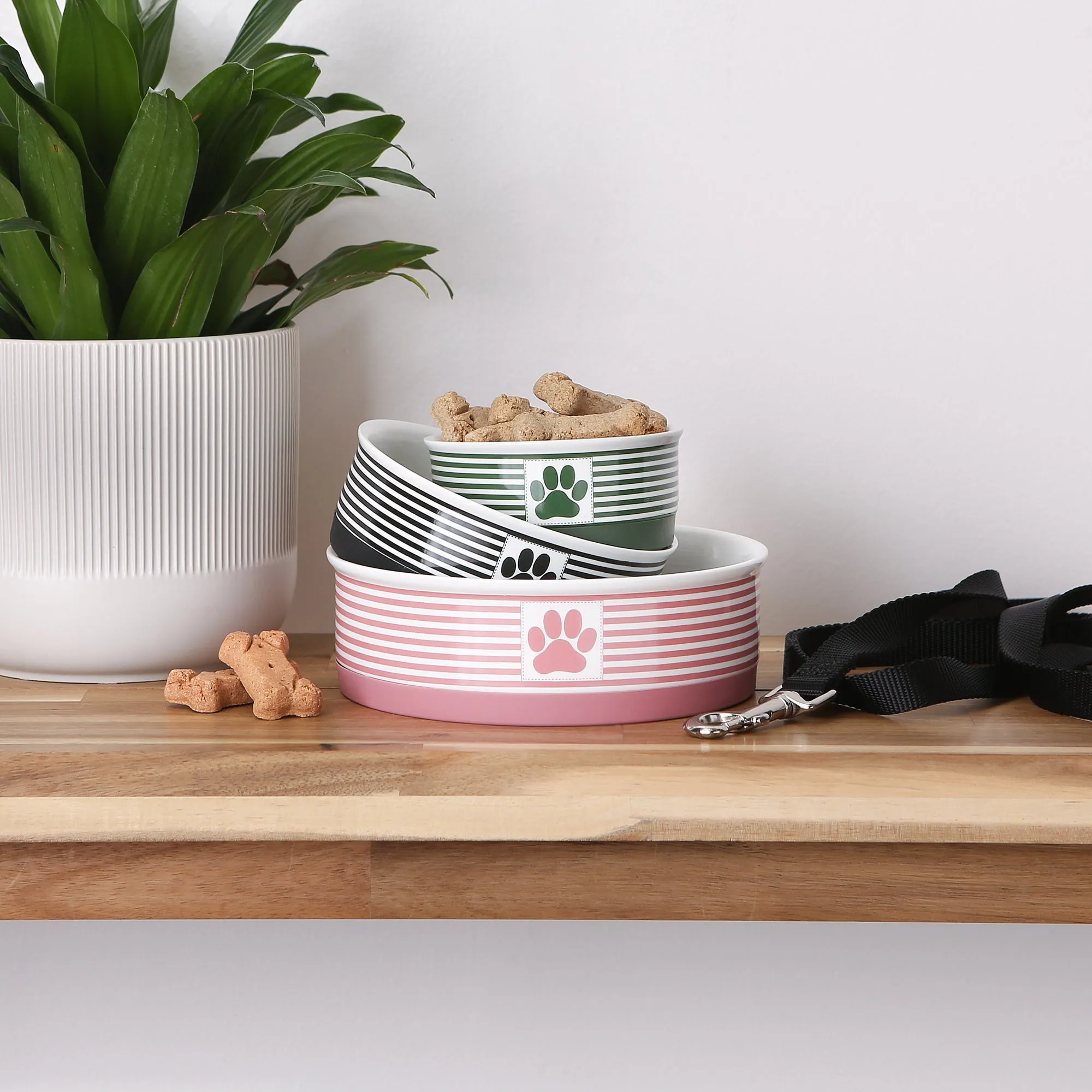 Black Striped Paw Patch Pet Bowl Set of 2, Large 3.75 C. Capacity