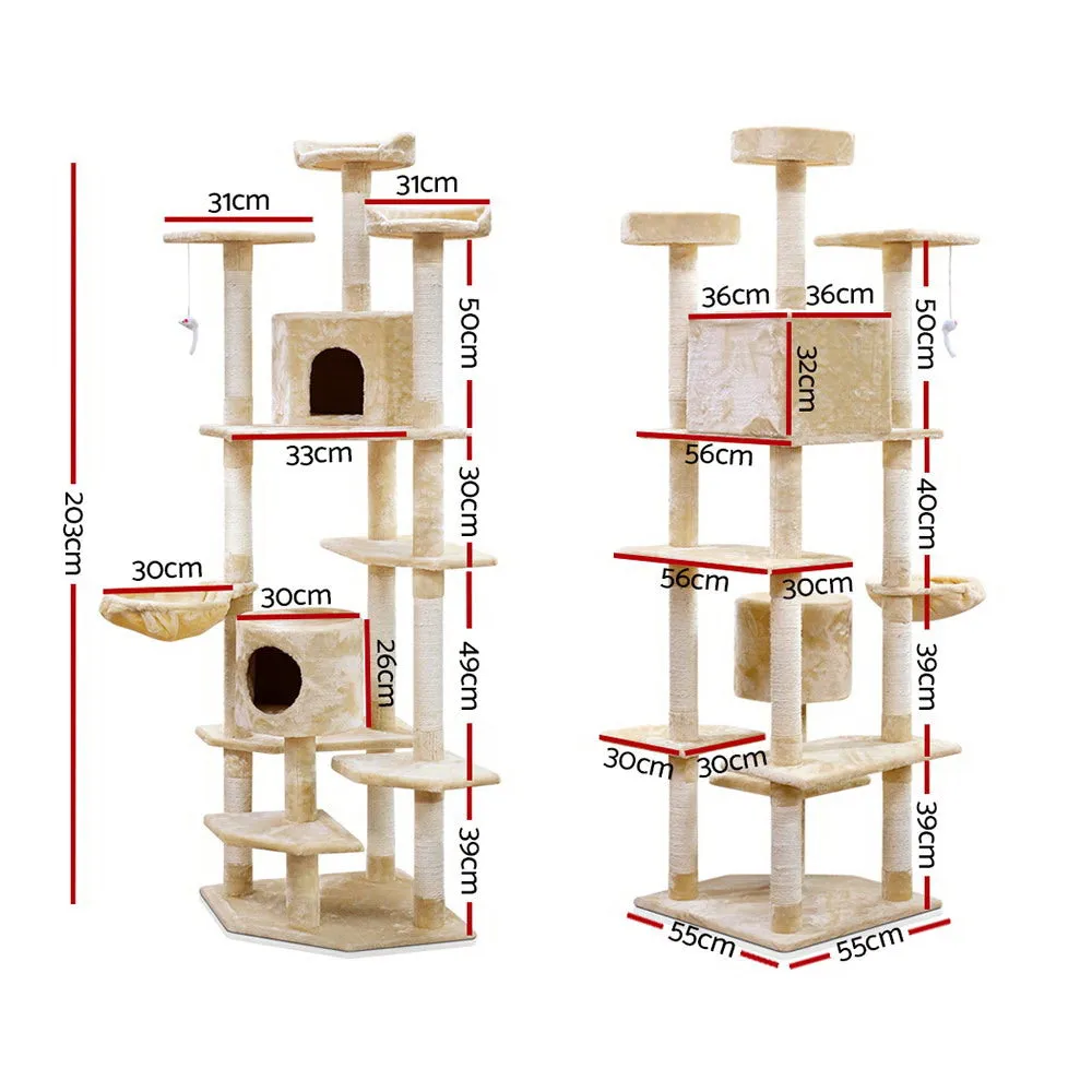 Cat Tree 203cm, Wood Scratching Post Tower Condo, Beige