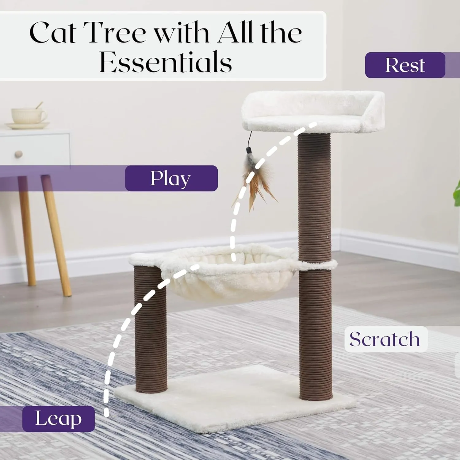 Catry Nirvana 3-Level Kitten Tree with Plush Perch, Soft Hammock, and Paper Rope Scratching Posts, Minimalist Cat Furniture for Climbing, Scratching & Resting, Ideal for Kittens & Small Cats, Beige