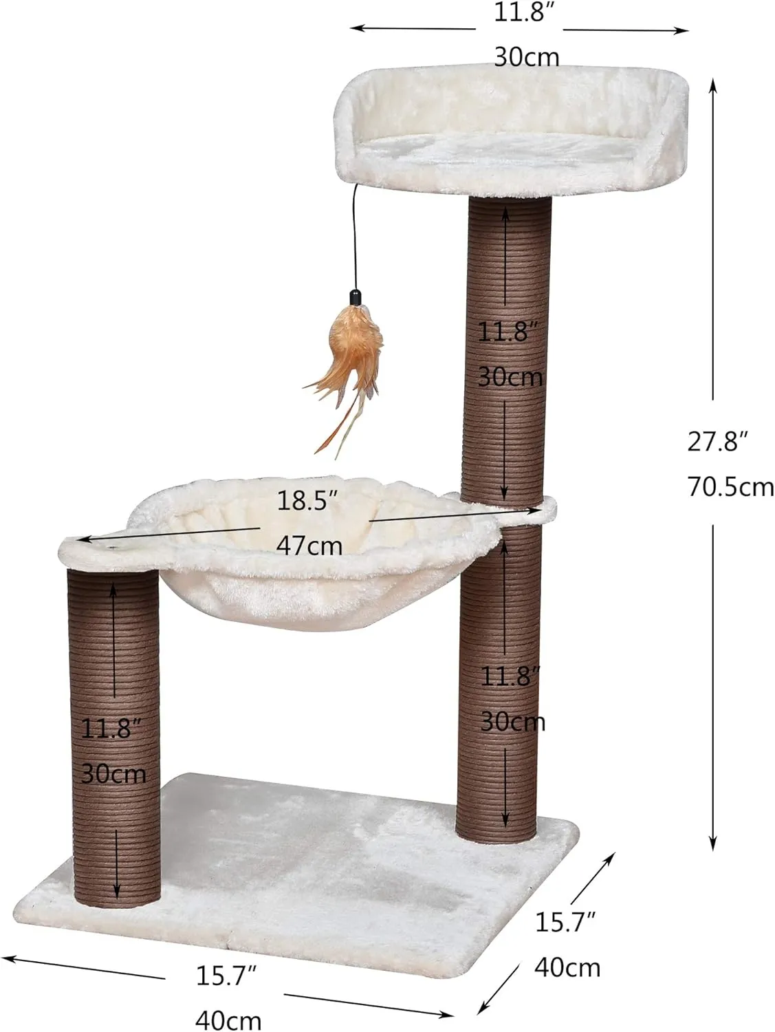 Catry Nirvana 3-Level Kitten Tree with Plush Perch, Soft Hammock, and Paper Rope Scratching Posts, Minimalist Cat Furniture for Climbing, Scratching & Resting, Ideal for Kittens & Small Cats, Beige