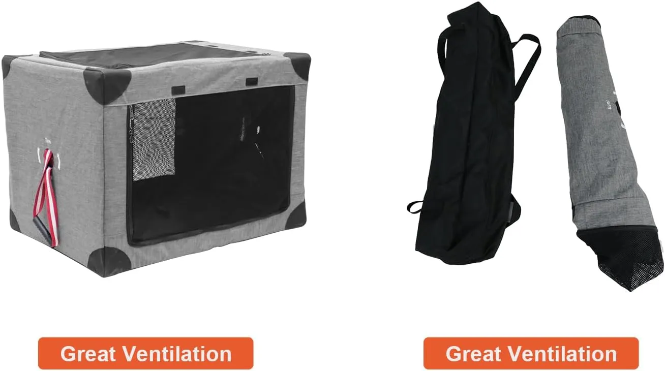 Collapsible Soft Dog Crate, 37.4" L x 26" W x 26" H Portable Dog Crates for Large Dogs, Travel Dog Crate with Durable Mesh Windows for Indoor & Outdoor, Camping, Yard, Lawn,Grey