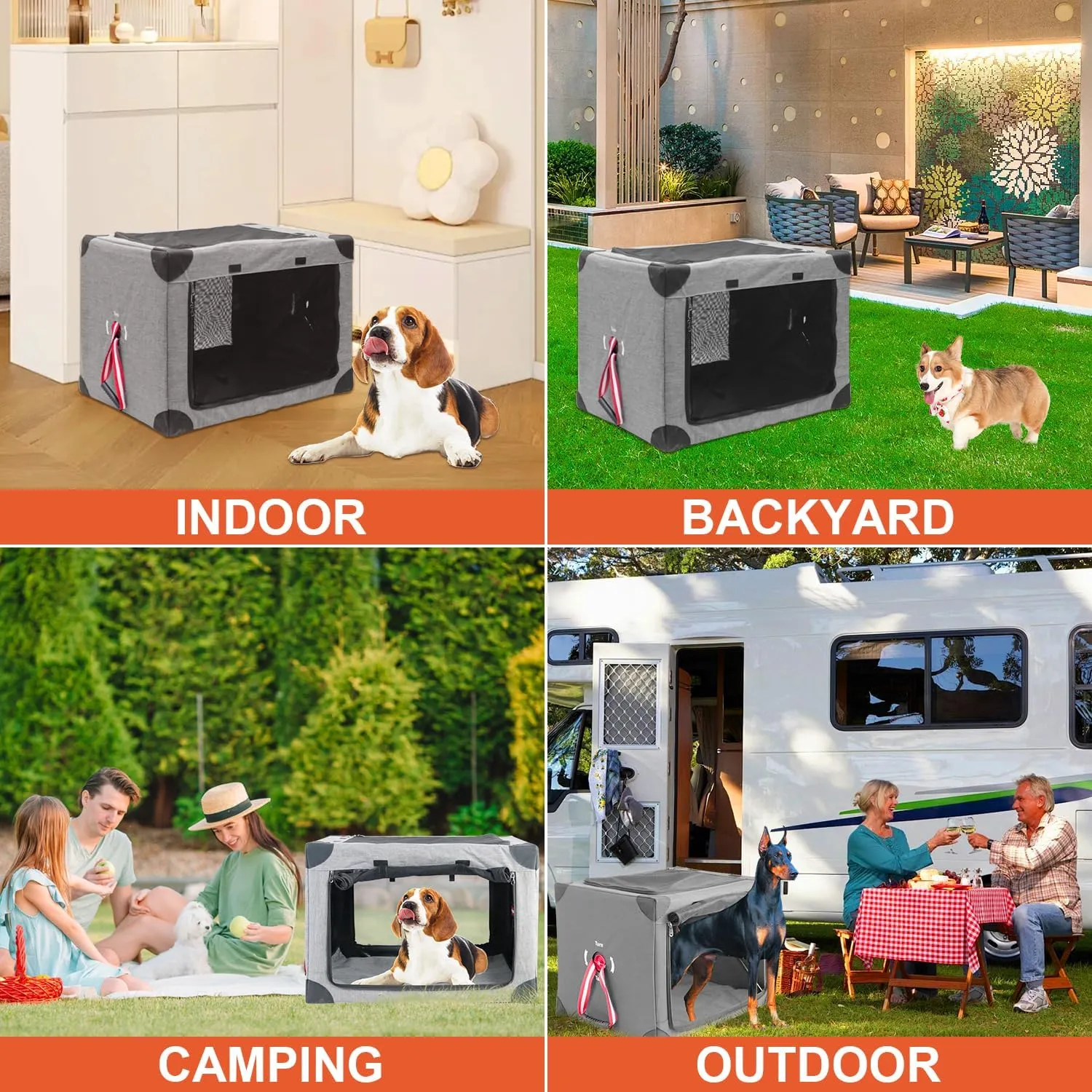 Collapsible Soft Dog Crate, 37.4" L x 26" W x 26" H Portable Dog Crates for Large Dogs, Travel Dog Crate with Durable Mesh Windows for Indoor & Outdoor, Camping, Yard, Lawn,Grey
