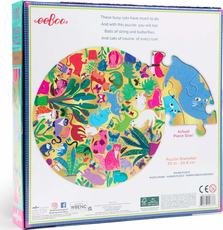 Eeboo Busy Cats 100 Piece Round Puzzle