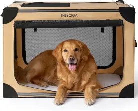 EHEYCIGA Collapsible Dog Crate 36 Inches, Portable Travel Crate for Large Dogs, Soft Foldable Pet Kennel with 4-Door Mesh Windows Indoor & Outdoor, Beige