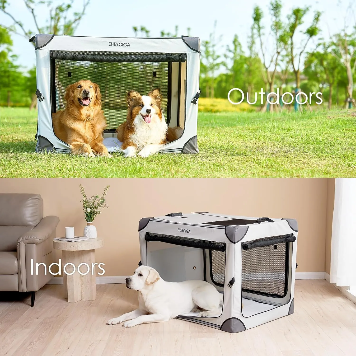 EHEYCIGA Collapsible Dog Crate 36 Inches, Portable Travel Crate for Large Dogs, Soft Foldable Pet Kennel with 4-Door Mesh Windows Indoor & Outdoor, Grey