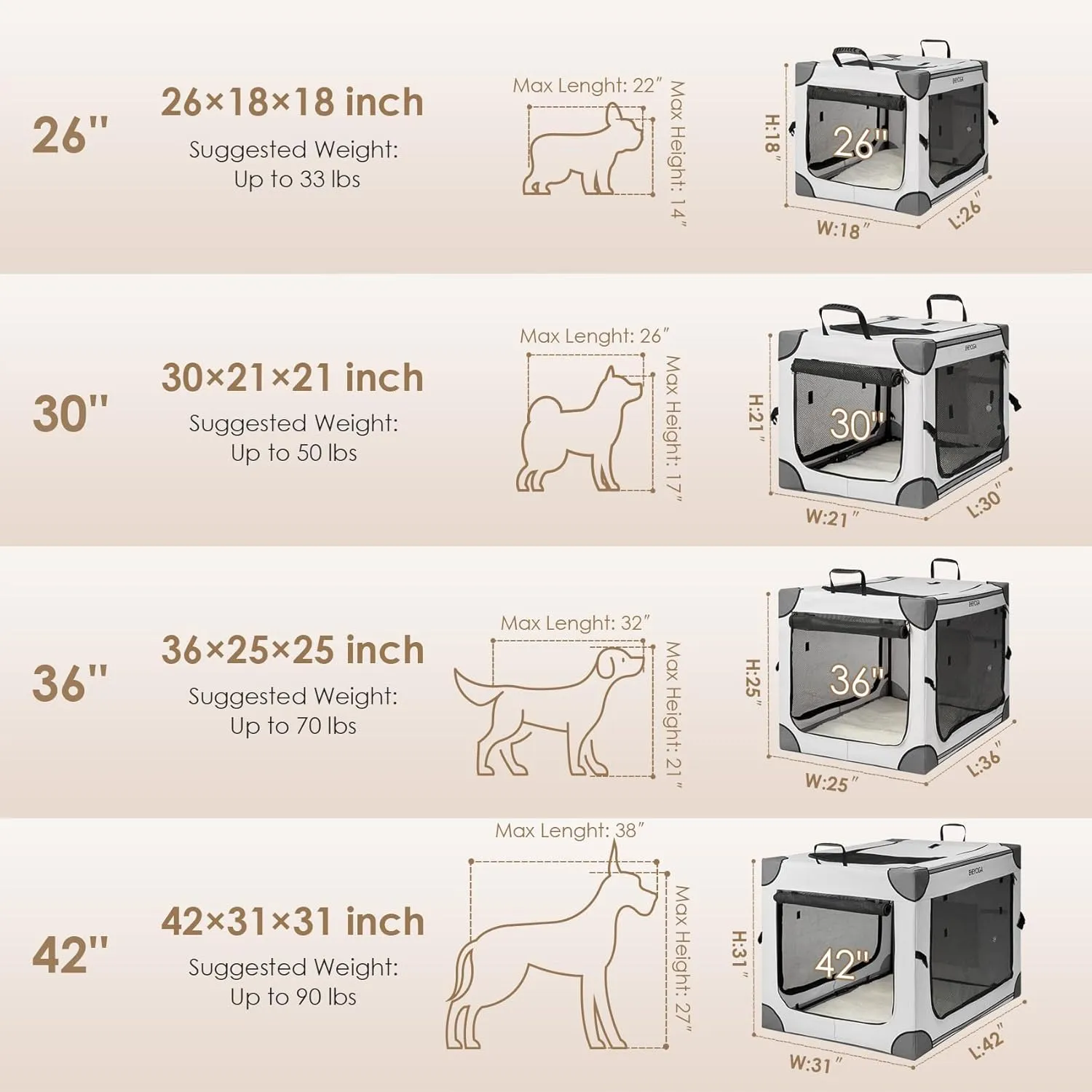 EHEYCIGA Collapsible Dog Crate 36 Inches, Portable Travel Crate for Large Dogs, Soft Foldable Pet Kennel with 4-Door Mesh Windows Indoor & Outdoor, Grey