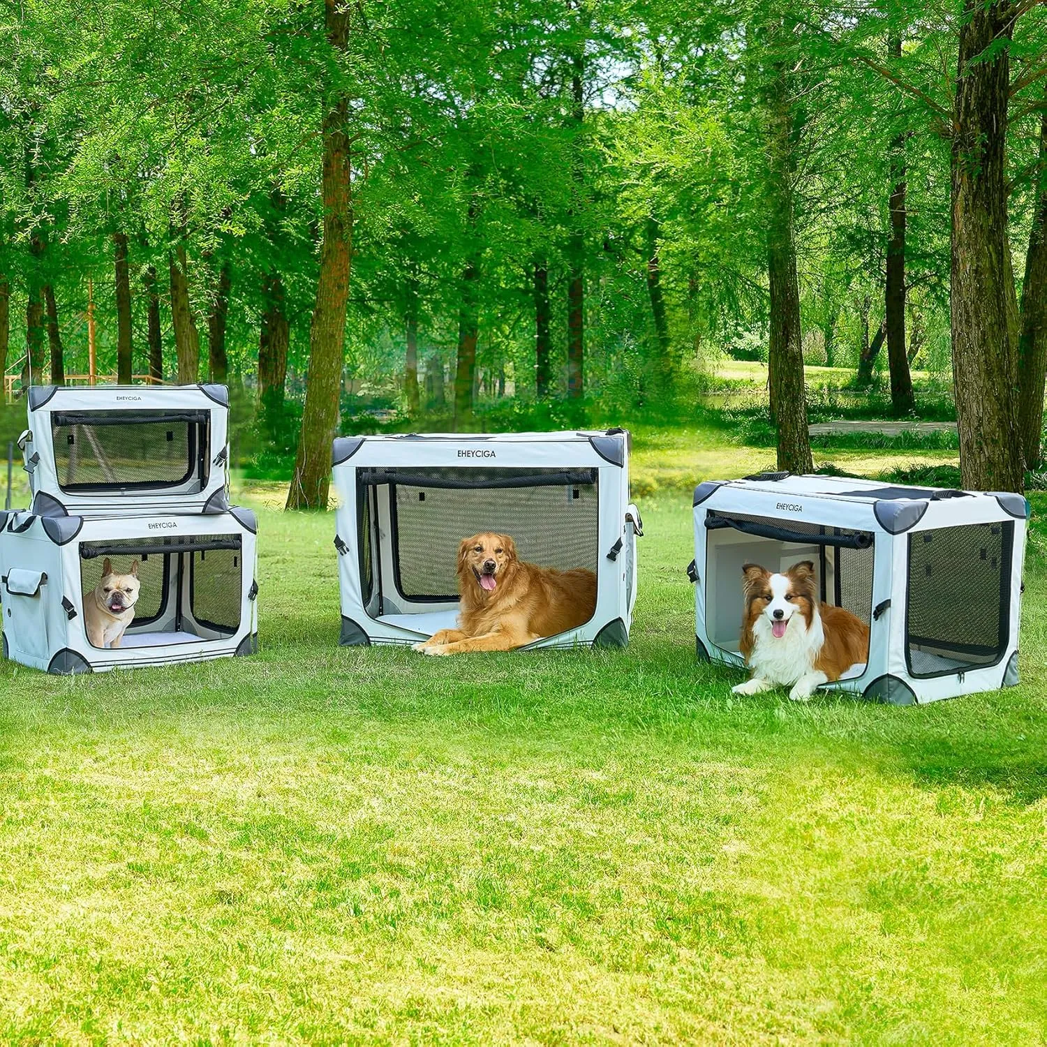 EHEYCIGA Collapsible Dog Crate 36 Inches, Portable Travel Crate for Large Dogs, Soft Foldable Pet Kennel with 4-Door Mesh Windows Indoor & Outdoor, Grey