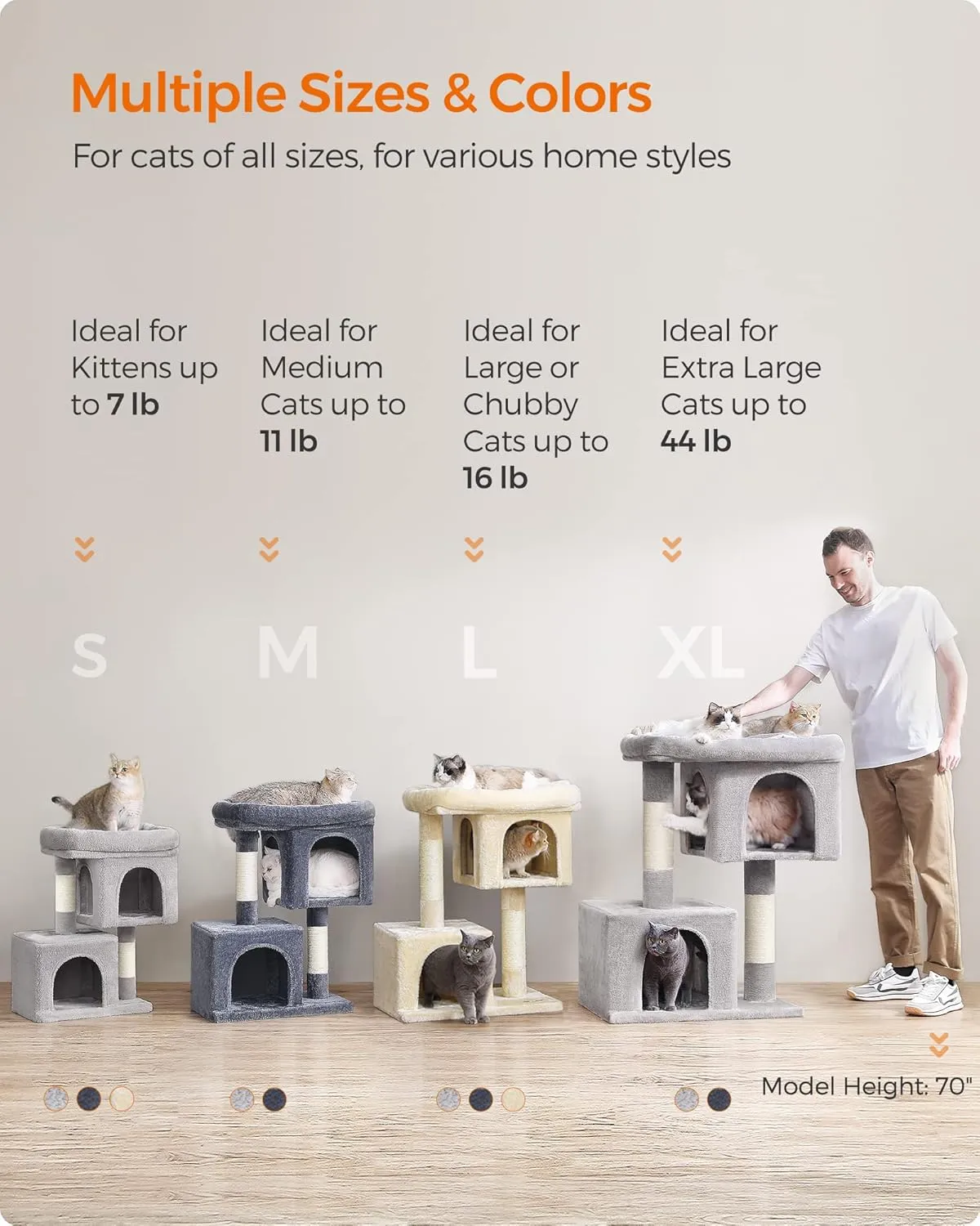 Feandrea Cat Tree, 33.1-Inch Cat Tower, L, Cat Condo for Large Cats up to 16 lb, Large Cat Perch, 2 Cat Caves, Scratching Post, Light Gray UPCT61W