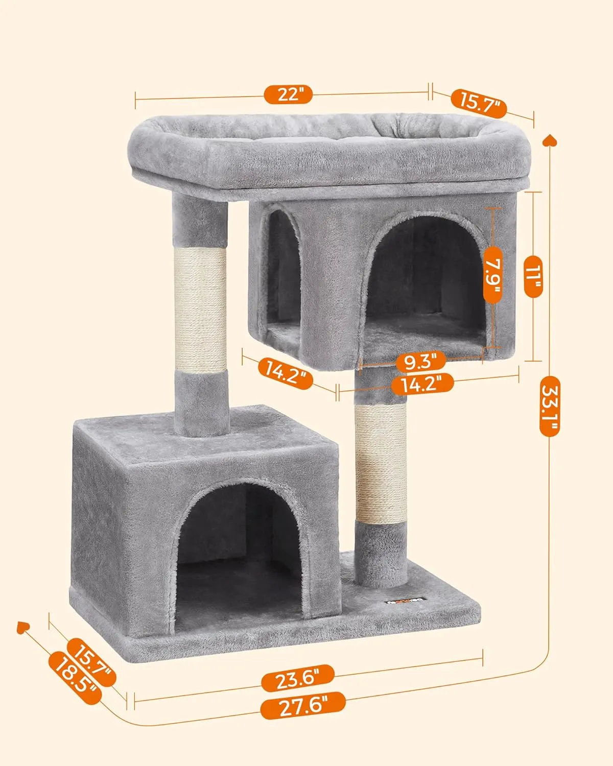 Feandrea Cat Tree, 33.1-Inch Cat Tower, L, Cat Condo for Large Cats up to 16 lb, Large Cat Perch, 2 Cat Caves, Scratching Post, Light Gray UPCT61W