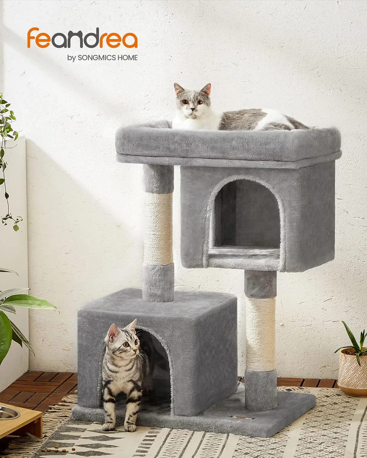 Feandrea Cat Tree, 33.1-Inch Cat Tower, L, Cat Condo for Large Cats up to 16 lb, Large Cat Perch, 2 Cat Caves, Scratching Post, Light Gray UPCT61W