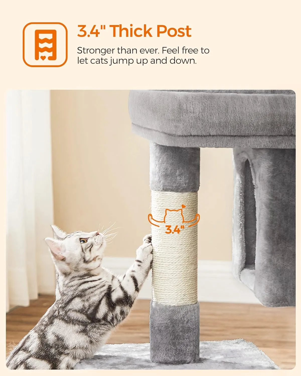 Feandrea Cat Tree, 33.1-Inch Cat Tower, L, Cat Condo for Large Cats up to 16 lb, Large Cat Perch, 2 Cat Caves, Scratching Post, Light Gray UPCT61W
