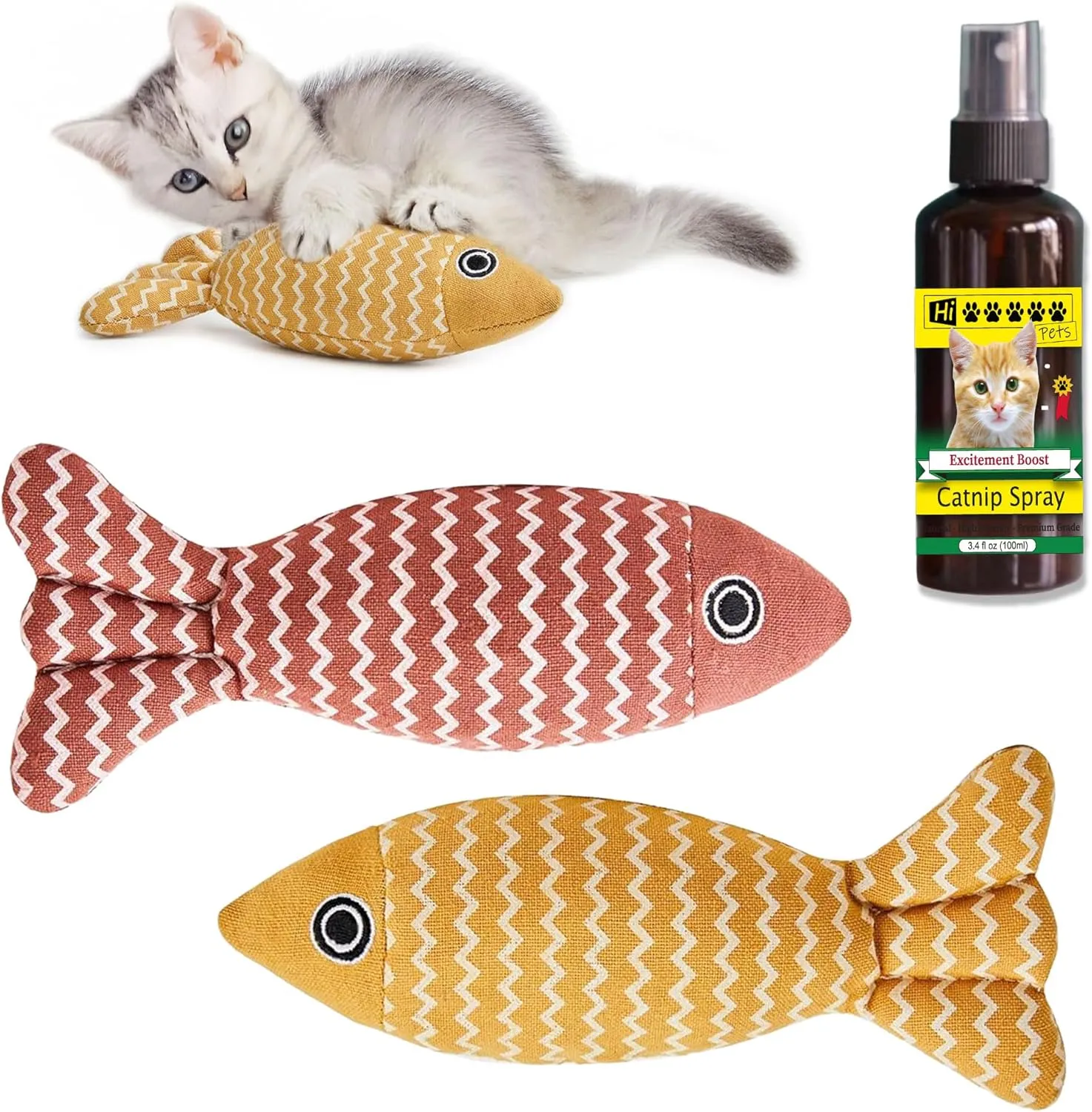 Fish Catnip Toys, Set of 2, Yellow, Red   1 Catnip Spray. Cat Toys for Indoor Cats. Interactive Kitten Exercise Kicker Toys. Natural Catnip Sparay 3.4 oz for All Breads.