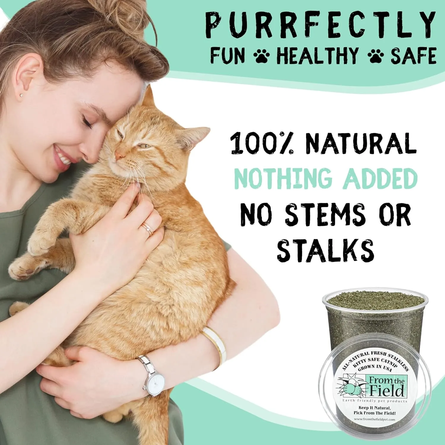 from The Field | Fine Ground Stalkless Catnip | Premium USA-Grown Catnip for Toys & Playtime | Fresh, Potent, Non-Toxic, Eco-Friendly | Safe for Kittens & Cats | Resealable 2 Oz Tub