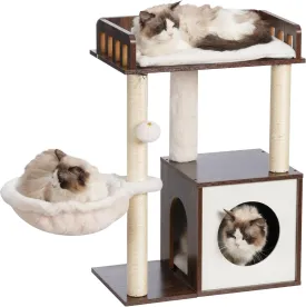 Heybly Modern Cat Tree, Wooden Cat Tower with 3 Scratching Posts, Cat Condo for Indoor Cats with Wood Cat Cave, Plush Perch, Basket, Pompom, Rustic Brown HCT007SSR