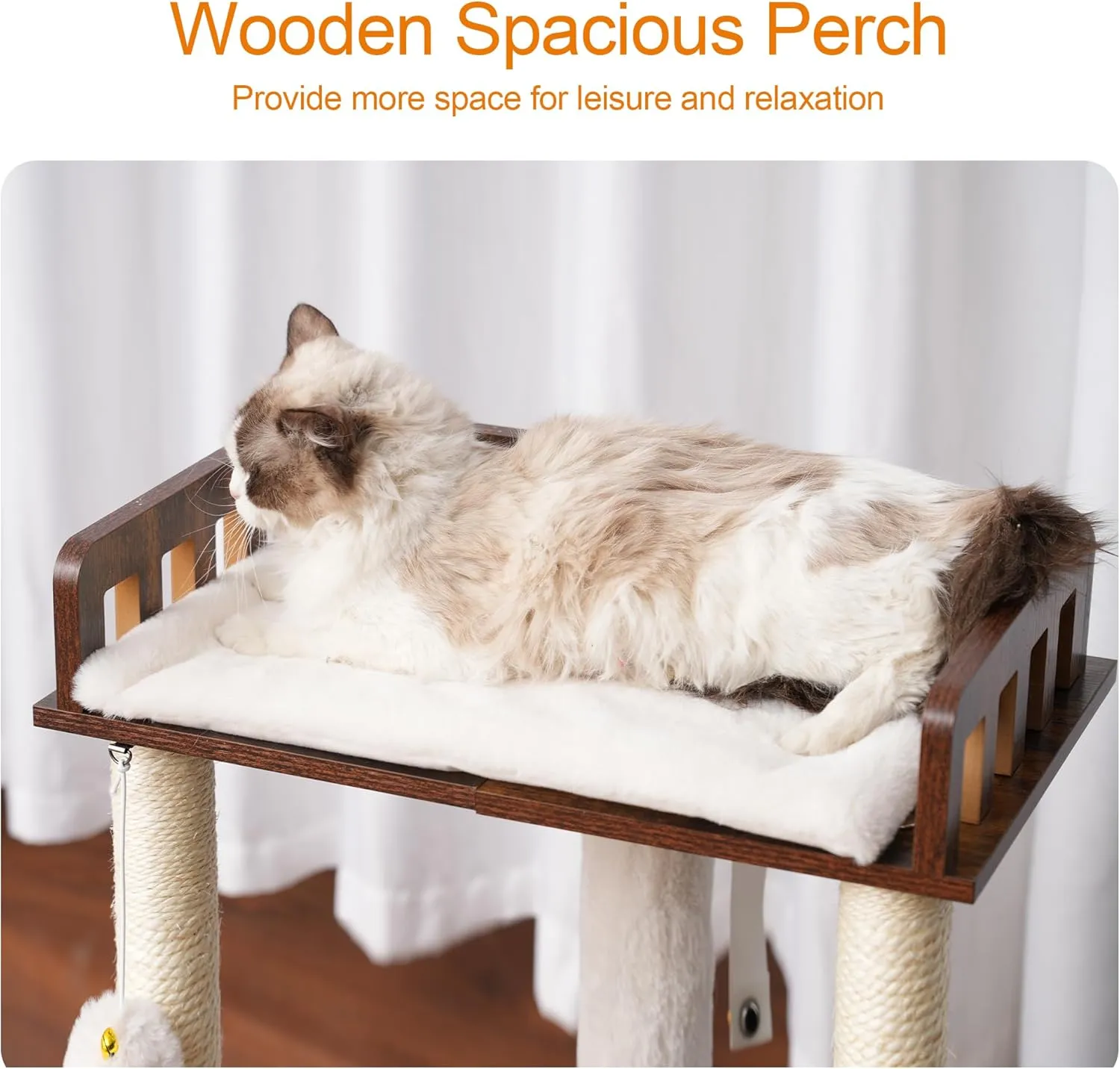 Heybly Modern Cat Tree, Wooden Cat Tower with 3 Scratching Posts, Cat Condo for Indoor Cats with Wood Cat Cave, Plush Perch, Basket, Pompom, Rustic Brown HCT007SSR