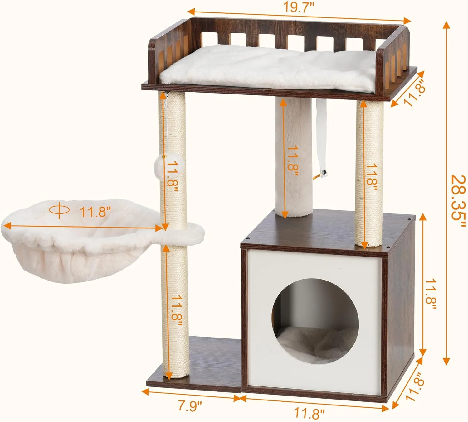 Heybly Modern Cat Tree, Wooden Cat Tower with 3 Scratching Posts, Cat Condo for Indoor Cats with Wood Cat Cave, Plush Perch, Basket, Pompom, Rustic Brown HCT007SSR