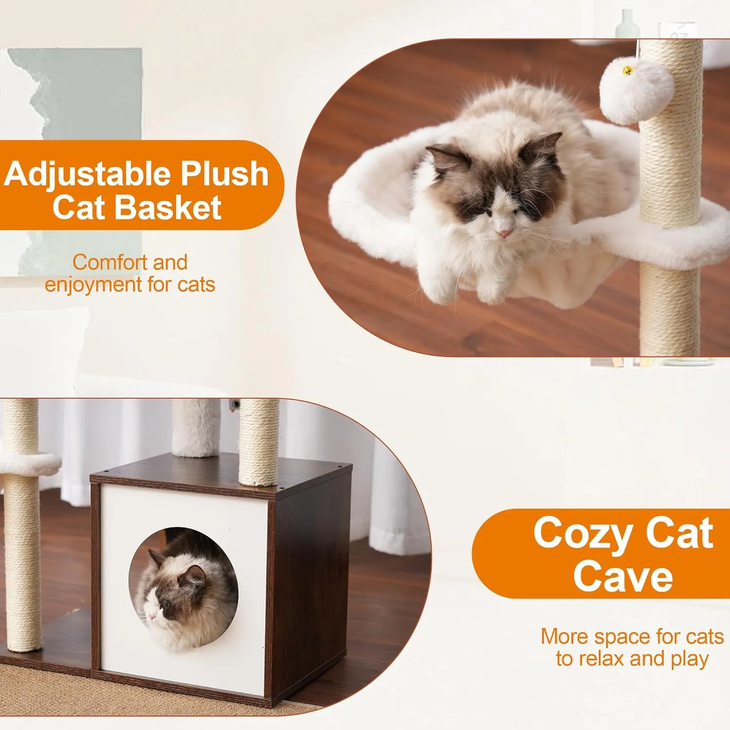 Heybly Modern Cat Tree, Wooden Cat Tower with 3 Scratching Posts, Cat Condo for Indoor Cats with Wood Cat Cave, Plush Perch, Basket, Pompom, Rustic Brown HCT007SSR