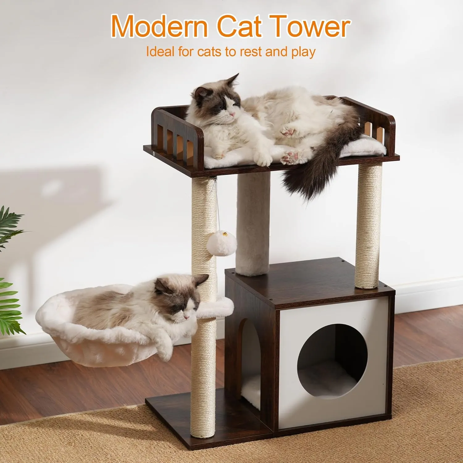 Heybly Modern Cat Tree, Wooden Cat Tower with 3 Scratching Posts, Cat Condo for Indoor Cats with Wood Cat Cave, Plush Perch, Basket, Pompom, Rustic Brown HCT007SSR