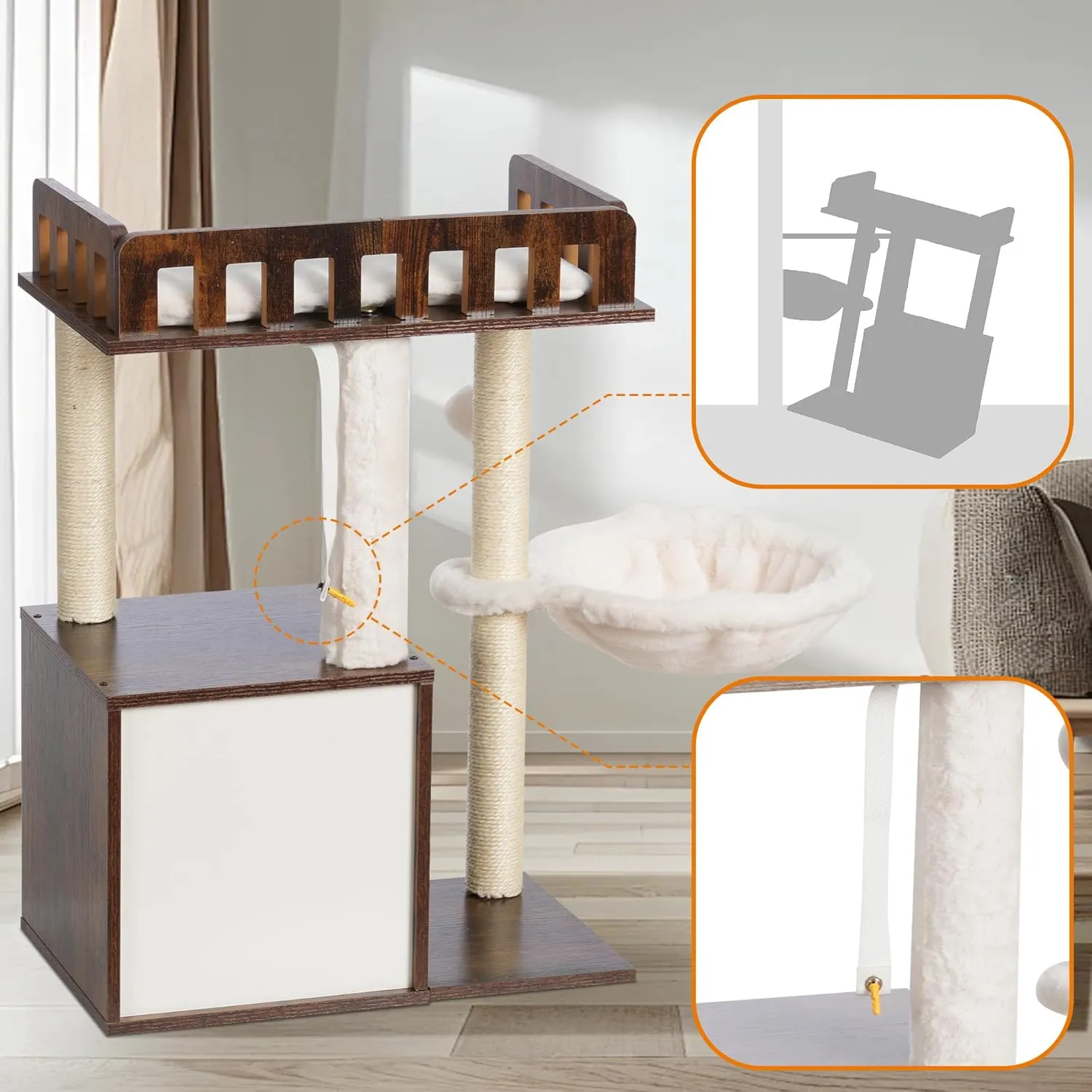 Heybly Modern Cat Tree, Wooden Cat Tower with 3 Scratching Posts, Cat Condo for Indoor Cats with Wood Cat Cave, Plush Perch, Basket, Pompom, Rustic Brown HCT007SSR