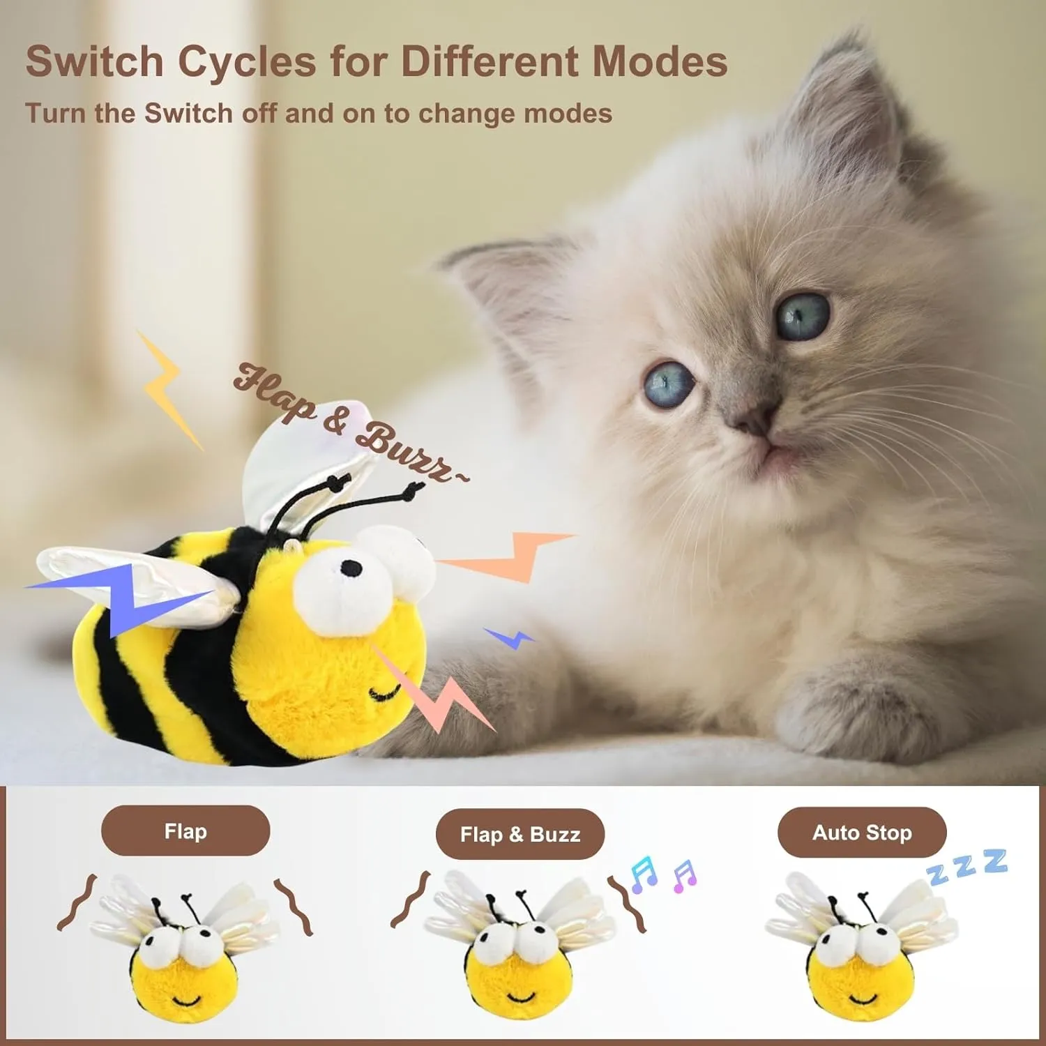 Interactive Flapping Bird Cat Toys, Rechargeable, Touch Activated, Catnip, Chirping Bird Toys for Indoor Cats and Kittens (Bee)