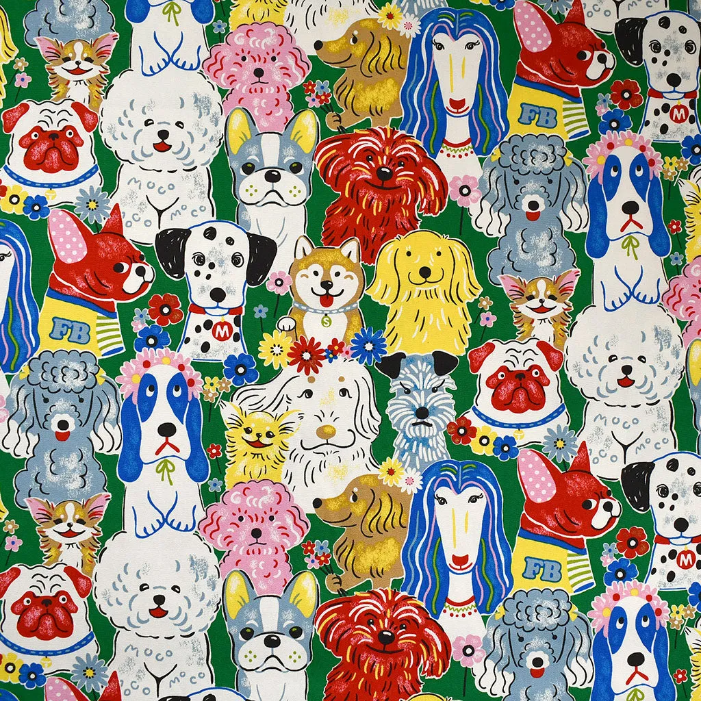 Japanese Flower Power Dogs Oxford Canvas Emerald/Multi
