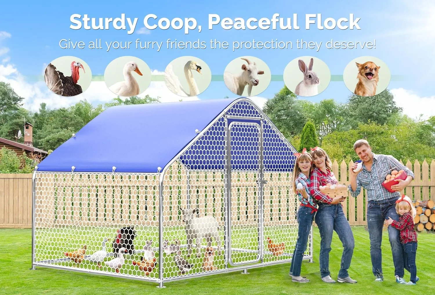 Large Metal Chicken Coop with Hexagonal Chicken Wire, Chicken Coop Run Pen for Yard with Waterproof Cover, Outdoor Large Walk-in Chicken Coops for 8 Chickens Duck Pen House Cage Run