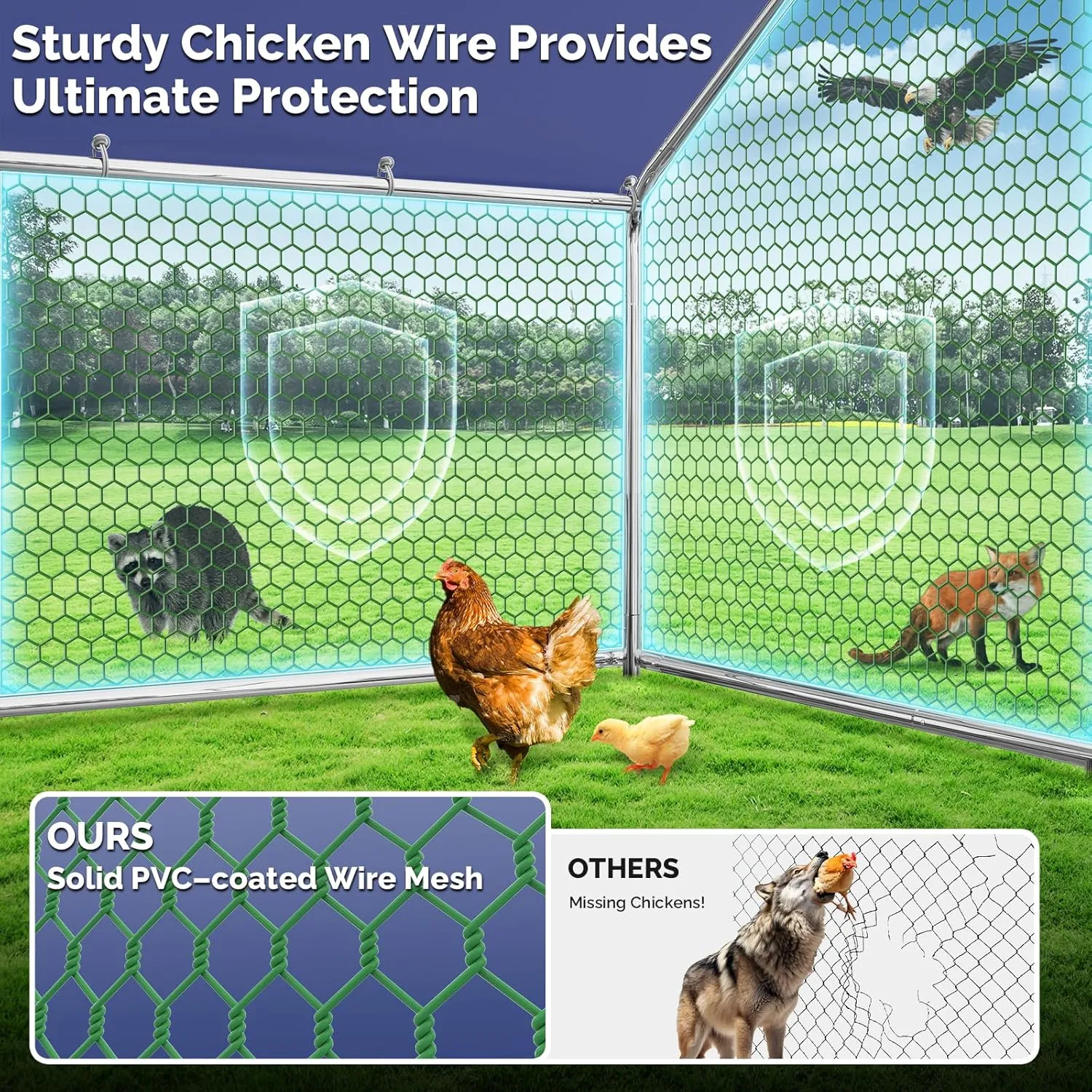 Large Metal Chicken Coop with Hexagonal Chicken Wire, Chicken Coop Run Pen for Yard with Waterproof Cover, Outdoor Large Walk-in Chicken Coops for 8 Chickens Duck Pen House Cage Run