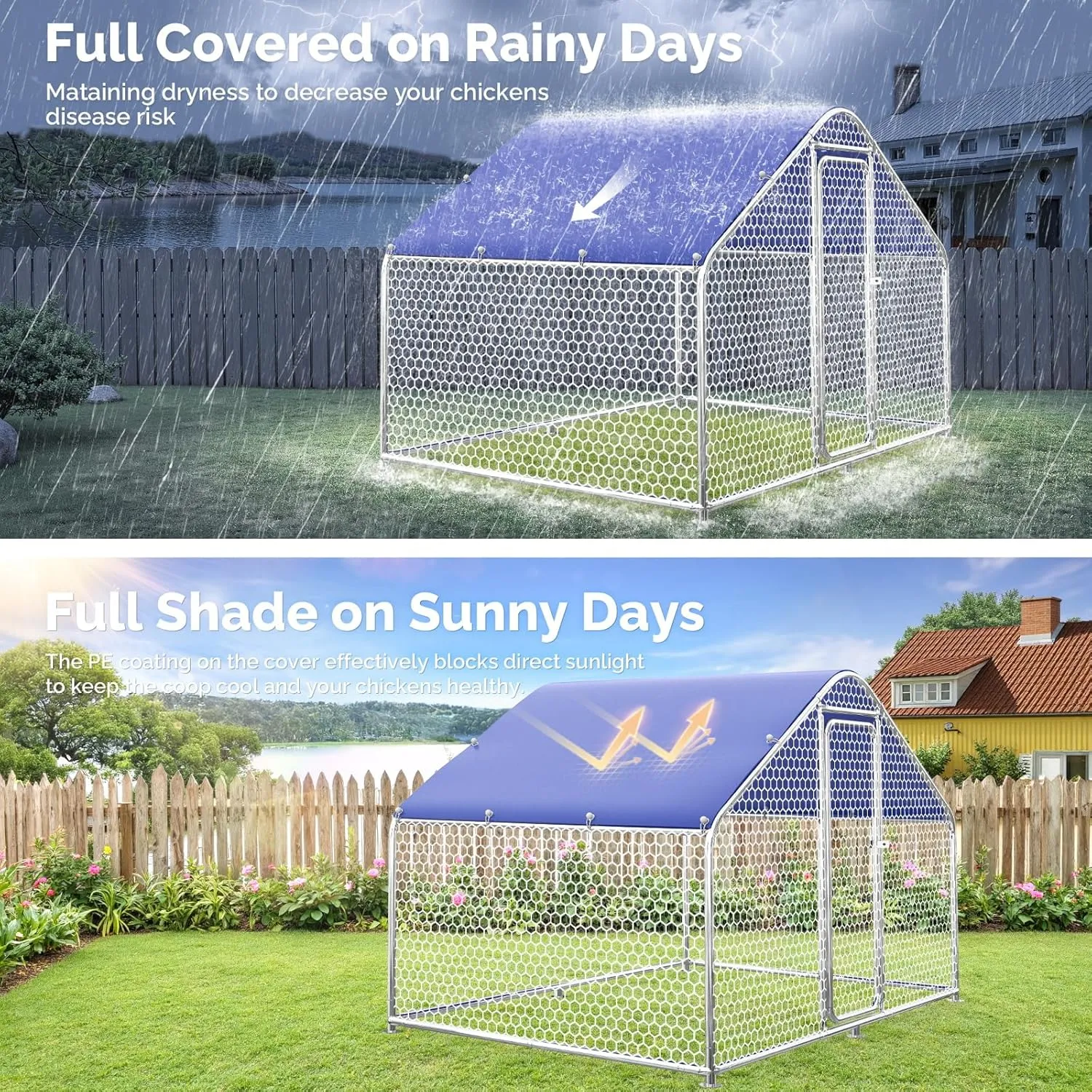 Large Metal Chicken Coop with Hexagonal Chicken Wire, Chicken Coop Run Pen for Yard with Waterproof Cover, Outdoor Large Walk-in Chicken Coops for 8 Chickens Duck Pen House Cage Run