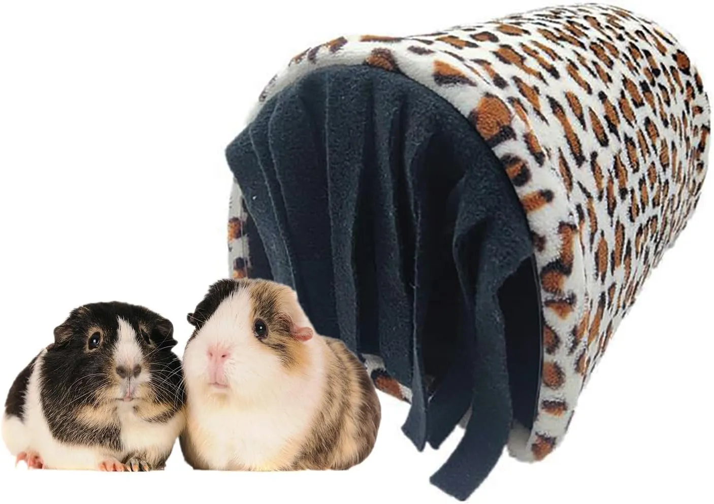 Leopard Print Small Animal Hideout - Tunnel and Tube Cage Hideout House for Guinea Pigs, Hamsters, Rats - with Reversible Seasonal Mat (Brown)