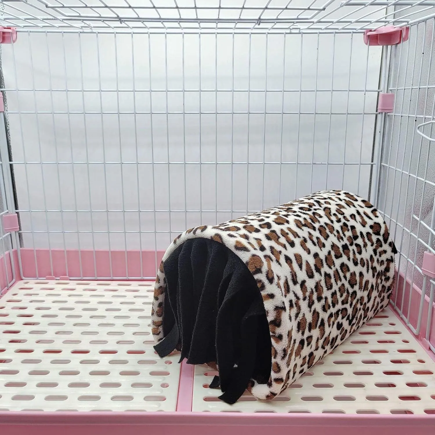 Leopard Print Small Animal Hideout - Tunnel and Tube Cage Hideout House for Guinea Pigs, Hamsters, Rats - with Reversible Seasonal Mat (Brown)
