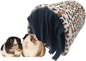 Leopard Print Small Animal Hideout - Tunnel and Tube Cage Hideout House for Guinea Pigs, Hamsters, Rats - with Reversible Seasonal Mat (Brown)