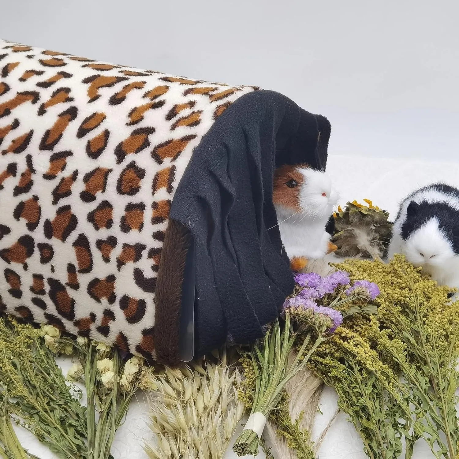 Leopard Print Small Animal Hideout - Tunnel and Tube Cage Hideout House for Guinea Pigs, Hamsters, Rats - with Reversible Seasonal Mat (Brown)