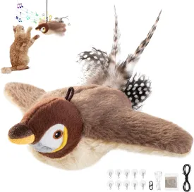 Lukovee Interactive Cat Toys Rechargeable - Touch Activated Flapping Sparrow Catnip Toys with Lifelike Chirping, Plus Bird Toy with Rope and Hooks for Indoor Kitten Kitty Exercise (Khaki)