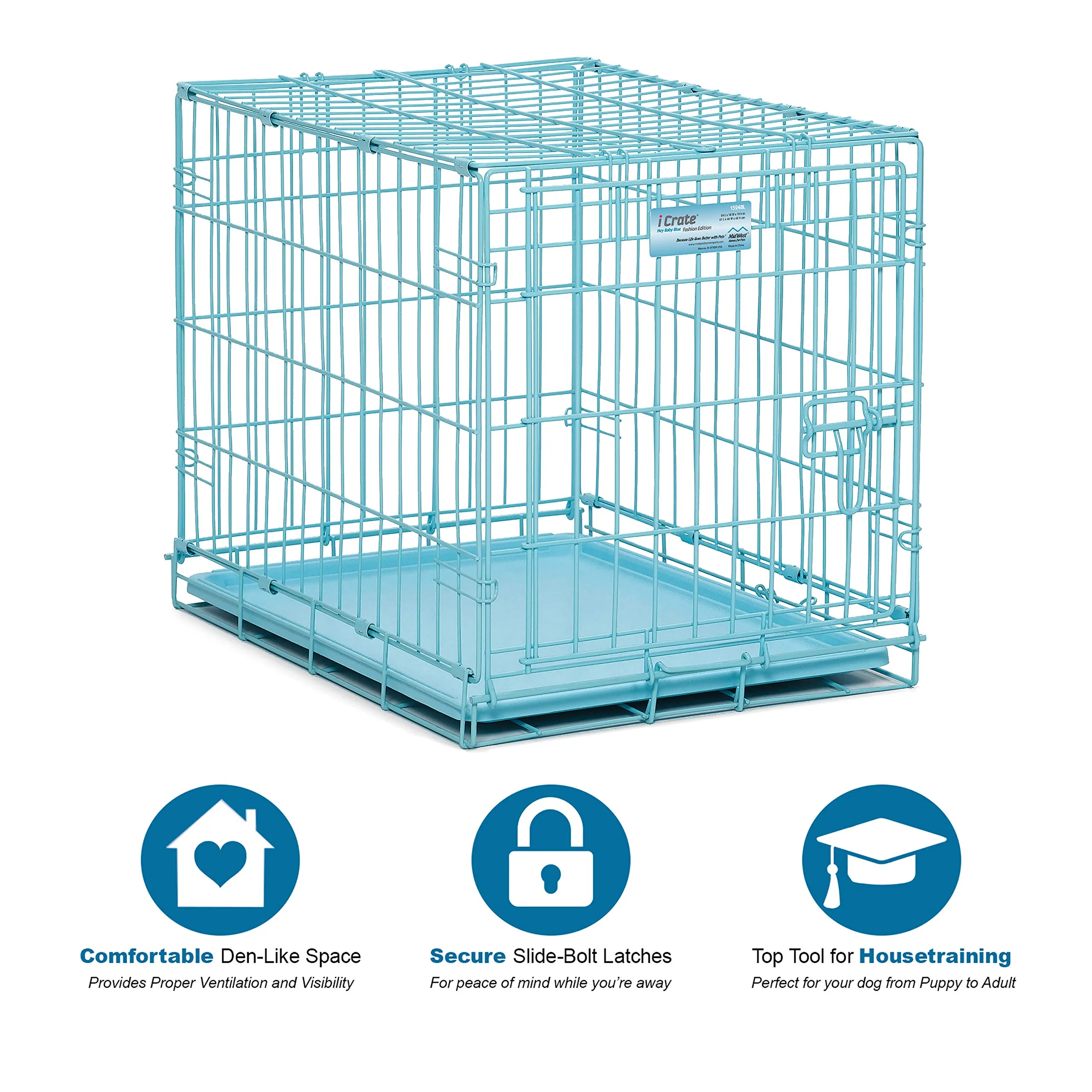 Midwest I-Crate Metal Folding Single Door Crate Carrier - Blue - 24" X 18" X 19" Inches
