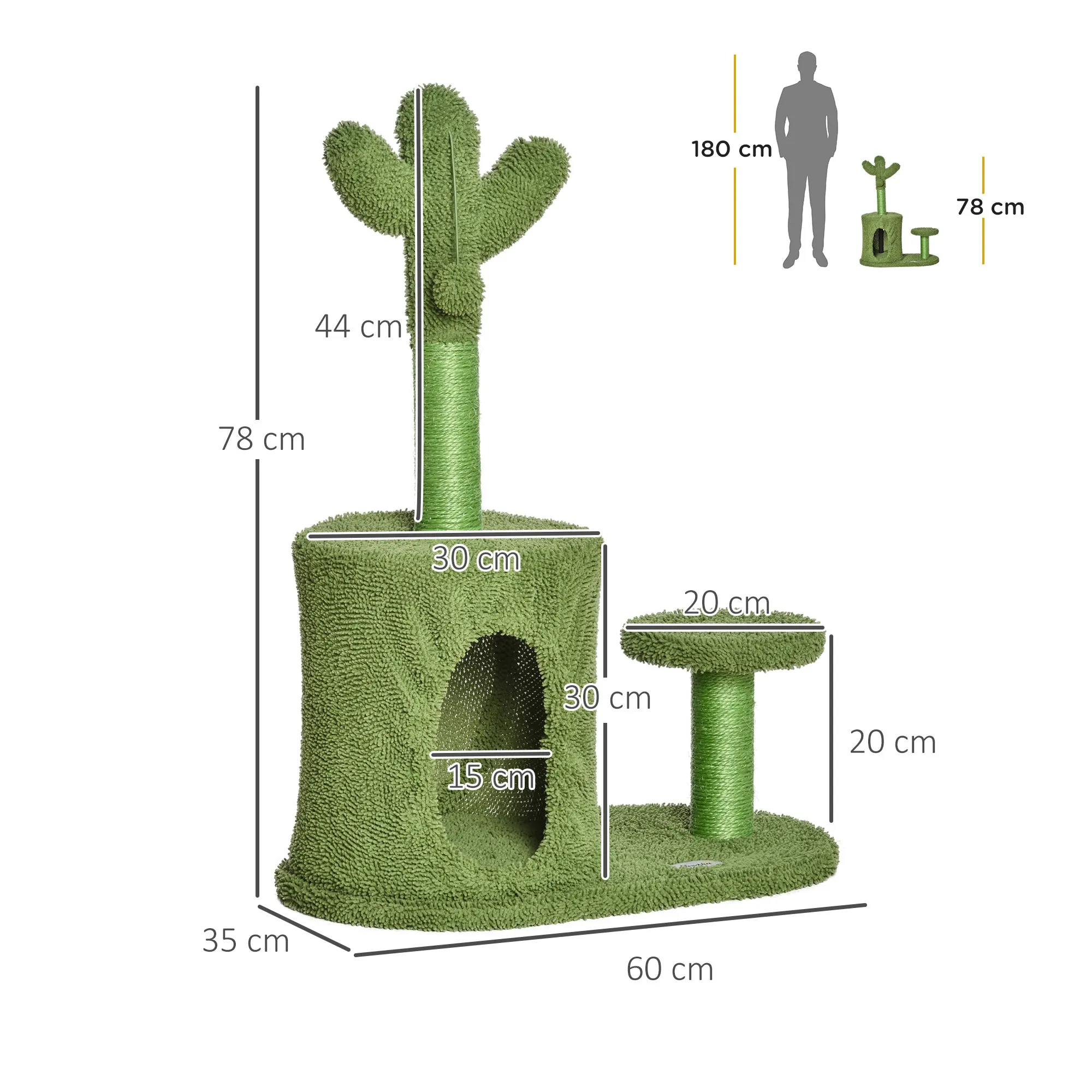 PawHut Cactus Cat Tree Tower Sisal Scratching Post Condo Perch 60 x 35 x 78 cm