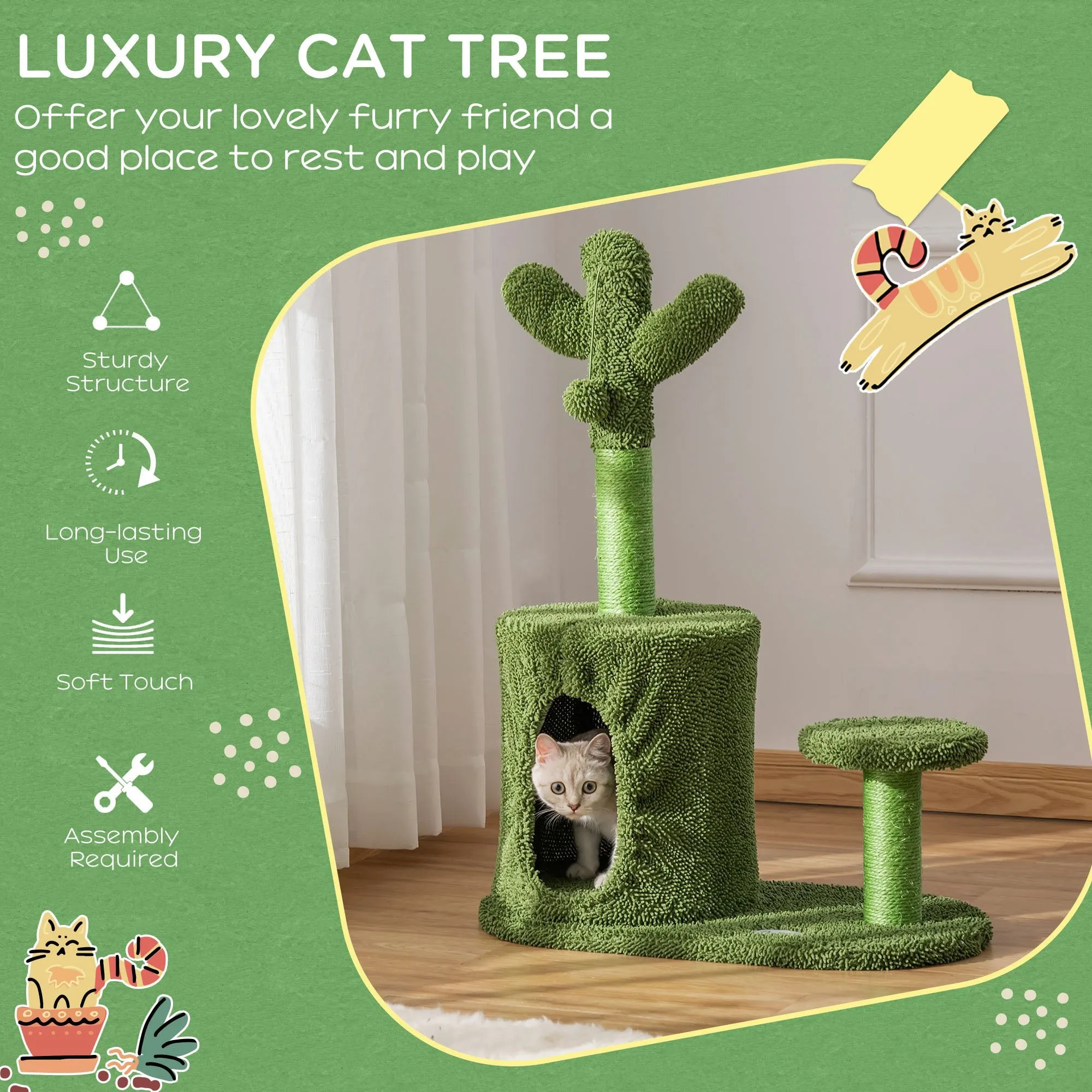 PawHut Cactus Cat Tree Tower Sisal Scratching Post Condo Perch 60 x 35 x 78 cm