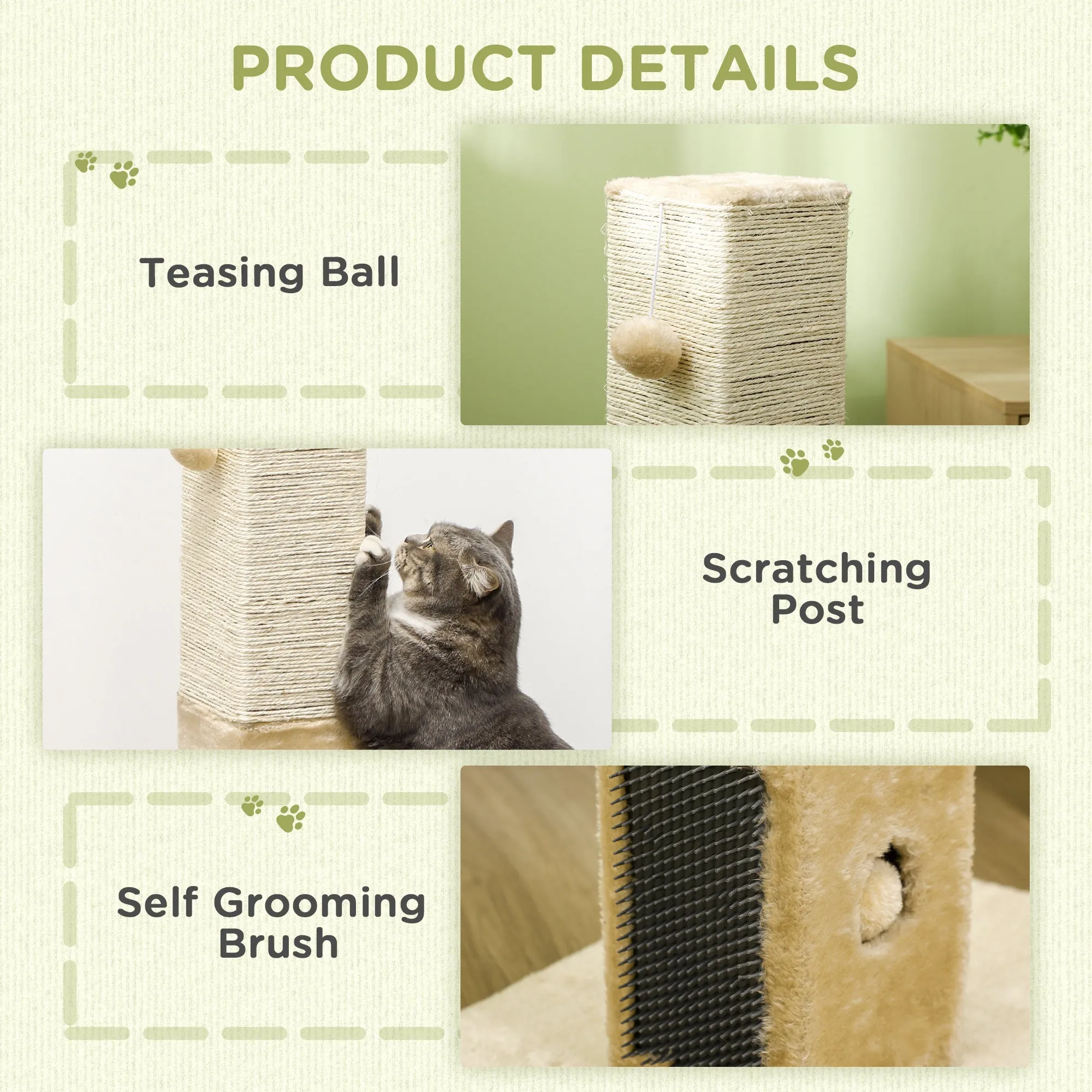 PawHut Cat Scratching Post Scratcher Climber w/ Carpet Base Hanging Toy - Beige
