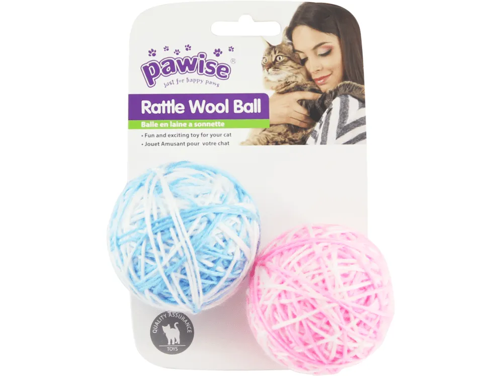 PAWISE 2.5"Rattle Wool Ball w/Tail 2PK