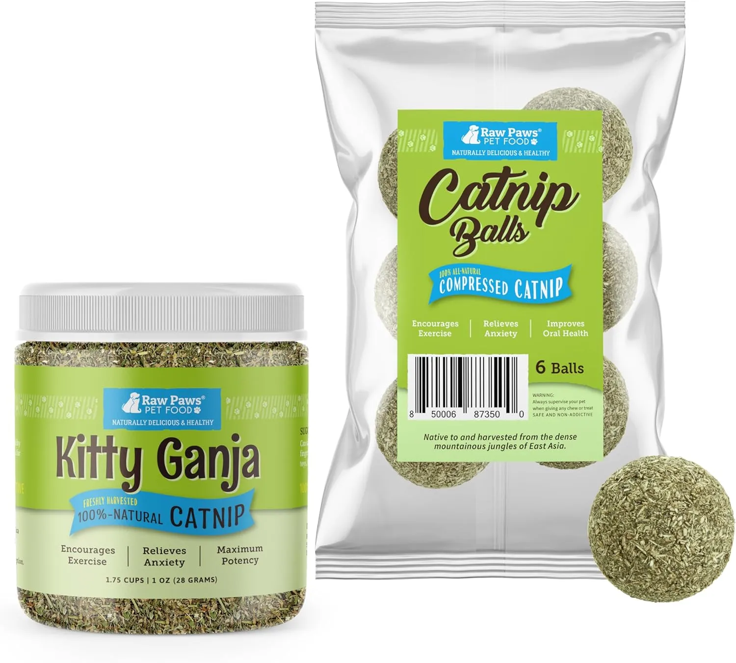 Raw Paws Fresh Loose Catnip & Catnip Balls Bundle - Natural Dried Cat Nip - Interactive Cat Toy & Licking Balls for Indoor Cats