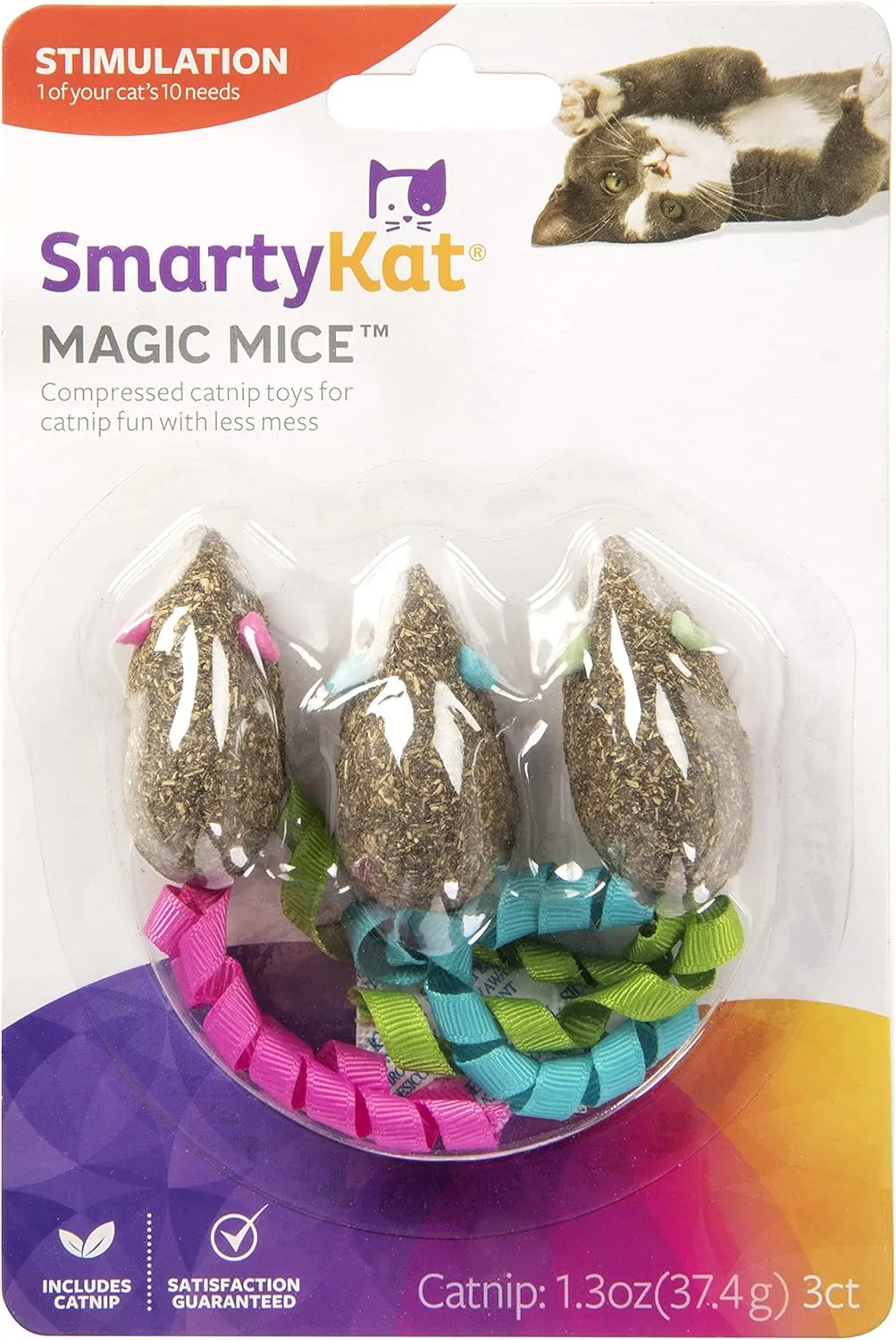 SmartyKat (3 Count) Magic Mice Compressed Catnip Ribbon Cat Toys - Green/Pink/Blue, 3 Count